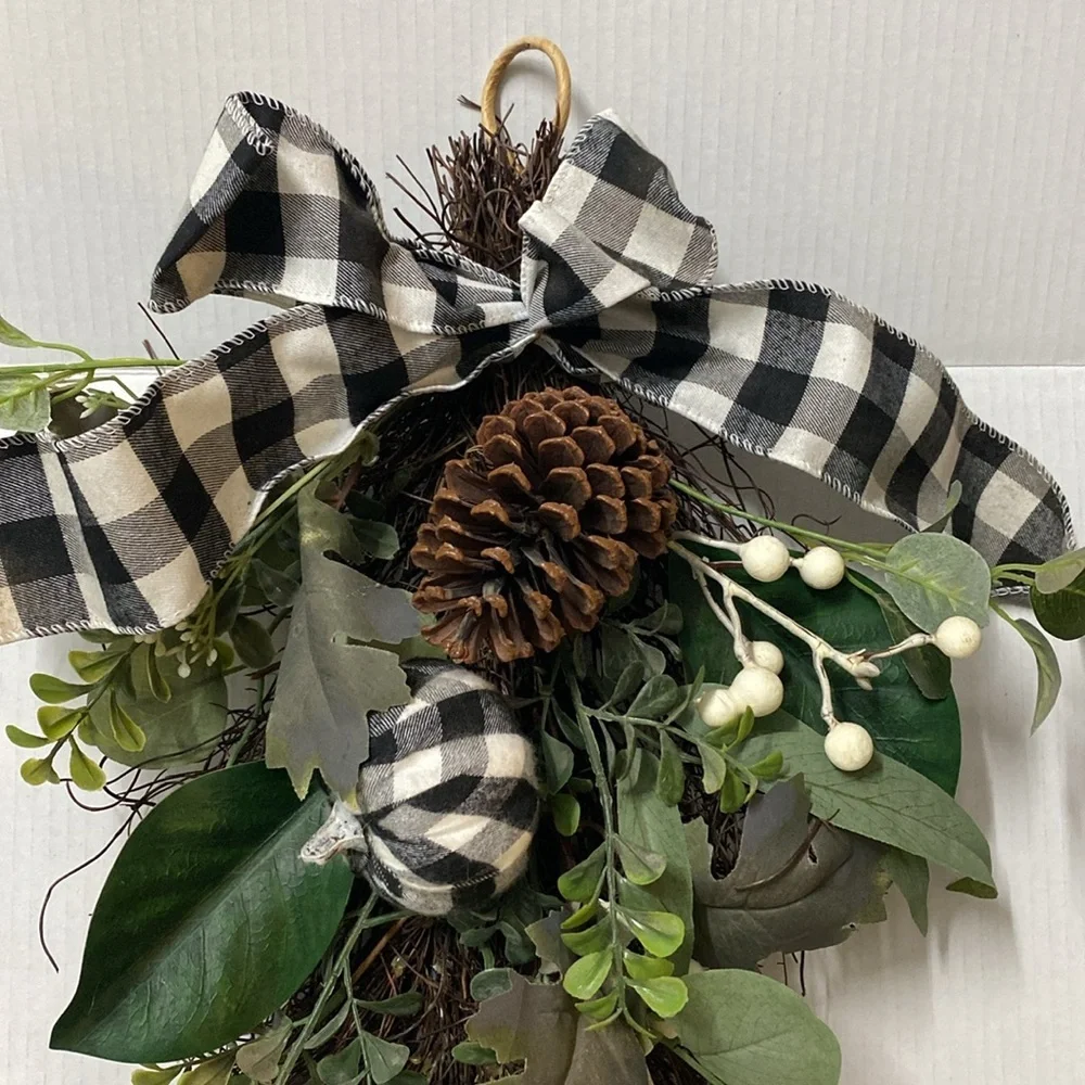 Hobby Lobby fall pumpkin and‎ pine cone Buffalo flannel ribbon teardrop wreath